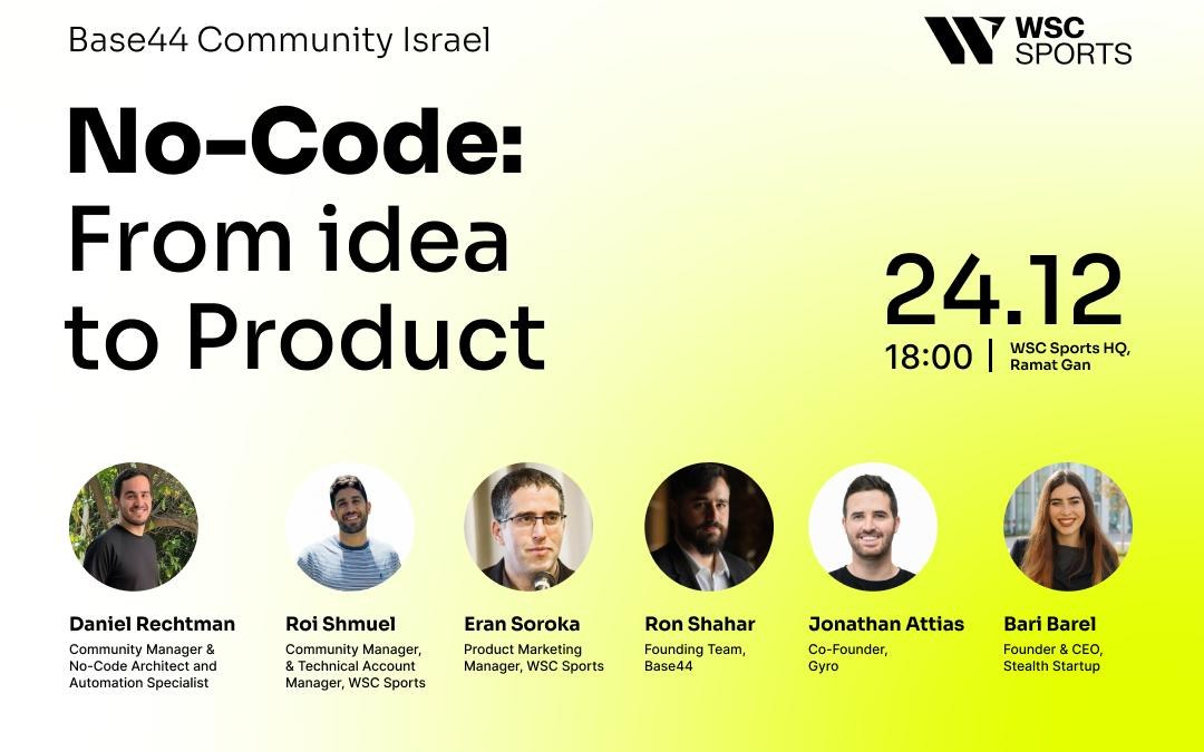 באנר האירוע: No-Code, From idea to Product, במשרדי WSC Sports