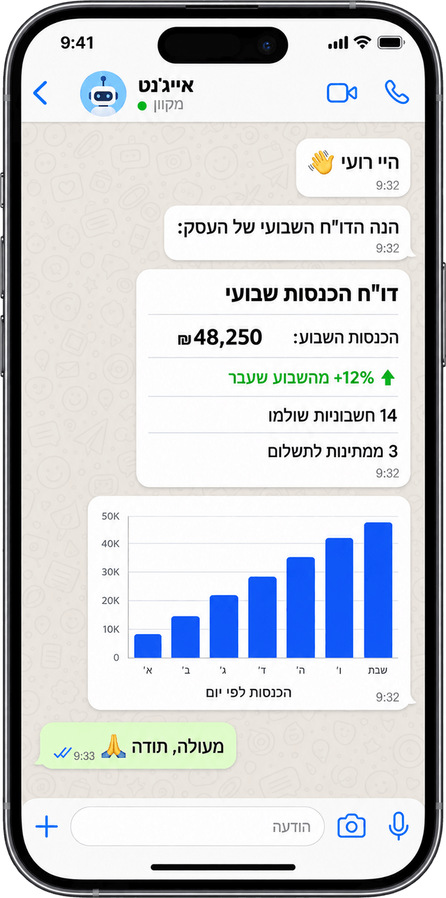 דו"ח הכנסות שבועי שהאייג'נט שולח לבעל העסק בוואטסאפ (נתוני דמו)